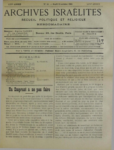 Archives israélites de France. Vol.65 N°41 (13 oct. 1904)
